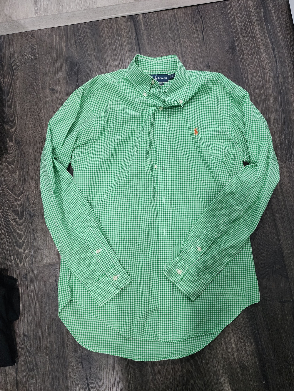 Ralph Lauren Shirt Mens Green Gingham Custom Fit Button Down Long sleeve
